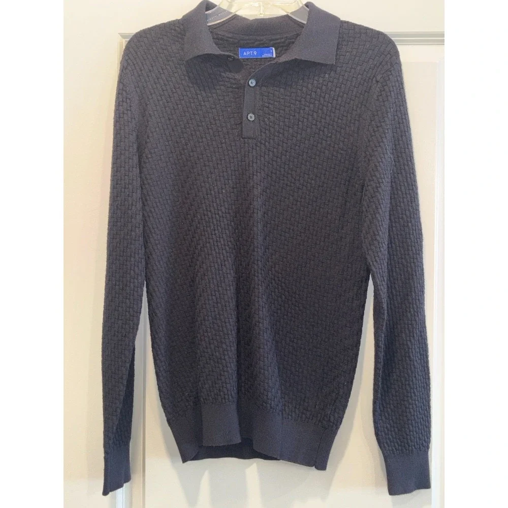Apt 9 Polo Sweater Mens Small Navy Textured Waffle Knit Standard Fit Warm‎ Wear